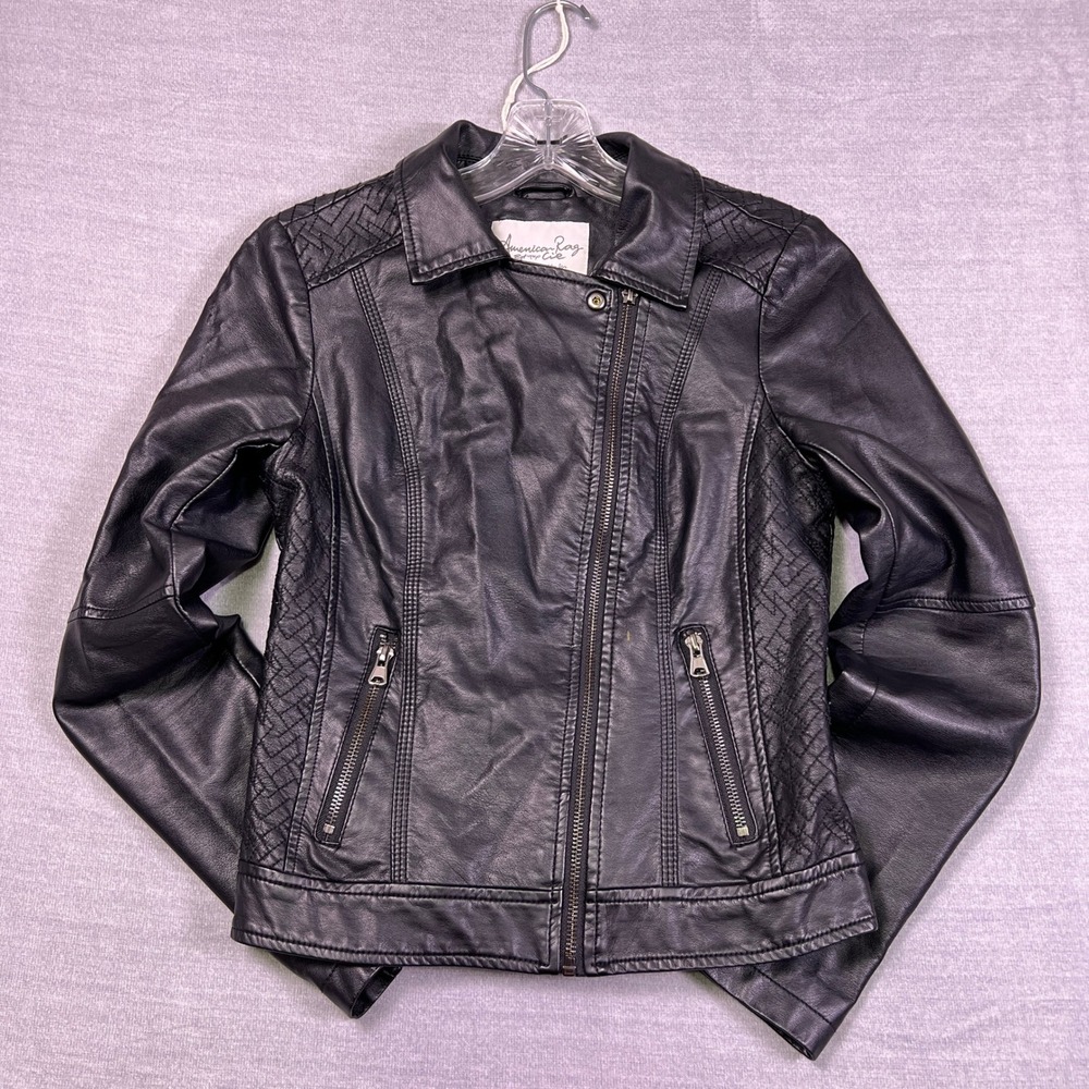 American Rag Cie Moto Quilted Shoulder Faux Leather Jacket Women XS Black